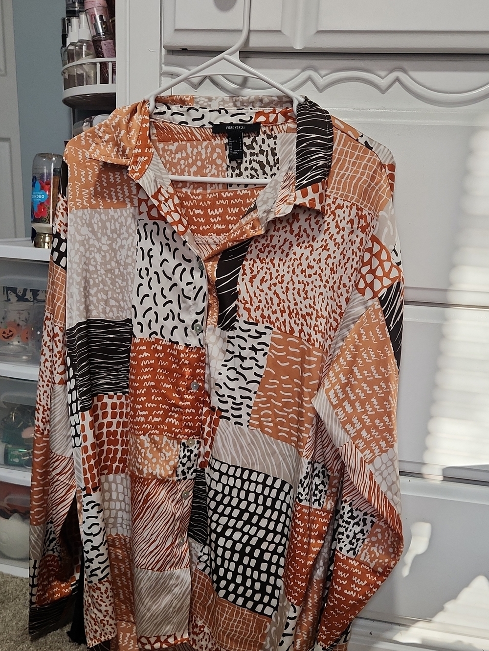 Forever 21 Patchwork Print Casual Button-Down Shirt - Brown/Black/White